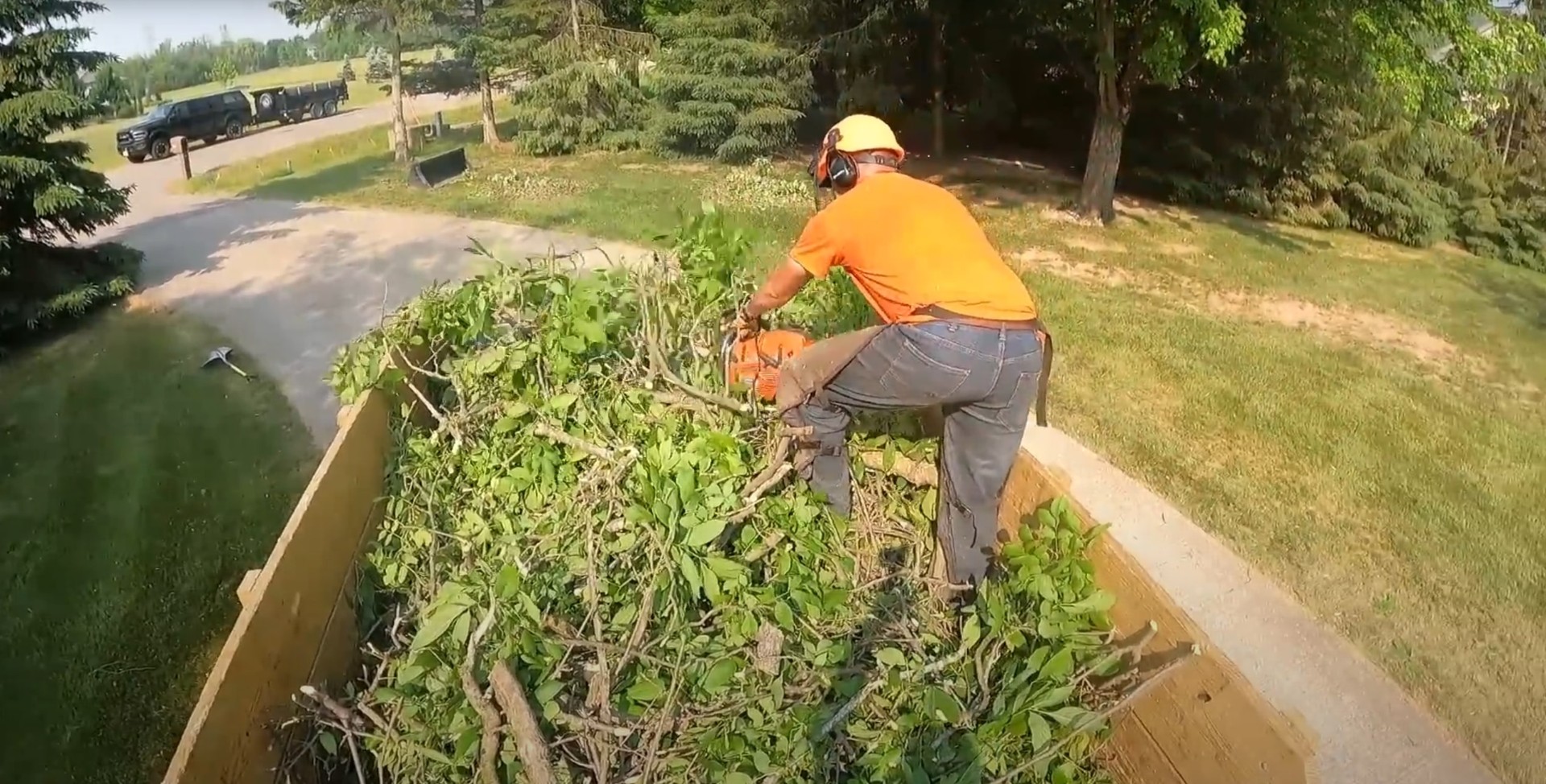 Professional stump removal and land clearing Tree service worker using chainsaw for stump removal